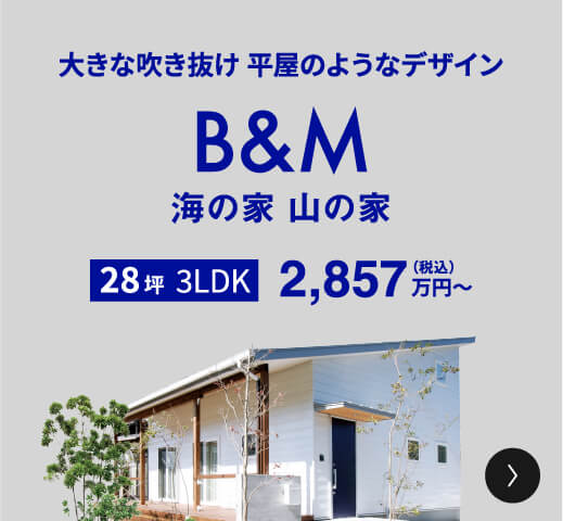 大きな吹き抜け 平屋のようなデザイン B&M 海の家 山の家 28坪 3LDK 2,857万円（税込）〜